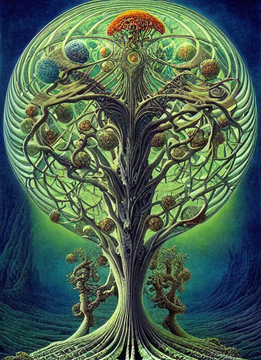 Image similar to tree of life by roger dean and andrew ferez, art forms of nature by ernst haeckel, divine chaos engine, symbolist, visionary, art nouveau, botanical fractal structures, organic, detailed, realistic, surreality