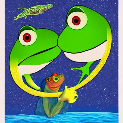 Image similar to a flounder and a frog in love on the moon realistic photo