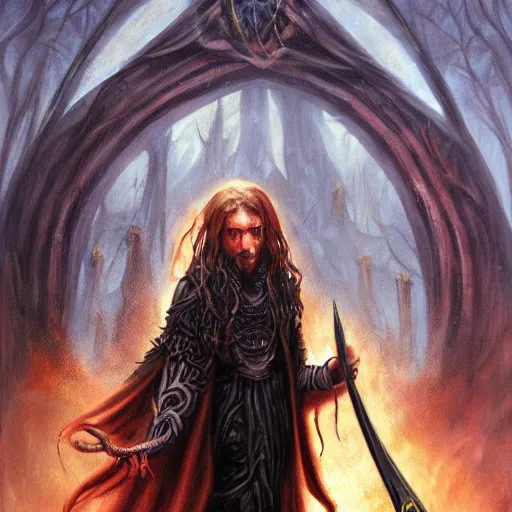 Image similar to black magic sorcerer with a book of spells, elden ring boss, matte painting, detailed, elden ring, oil on canvas
