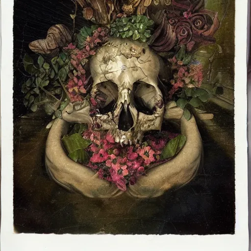 Image similar to a beautiful detailed front view baroque portrait of a rotten woman corpse becoming a skull with fractal plants and fractal flowers and mushrooms growing around, volumetric light, beautiful lit, polaroid photography