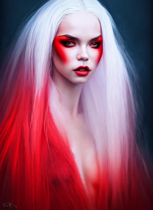 Image similar to photo of kerli koiv with red and white ombre in the style of stefan kostic, realistic, half body shot, sharp focus, 8 k high definition, insanely detailed, intricate, elegant, art by stanley lau and artgerm, foggy backgeound