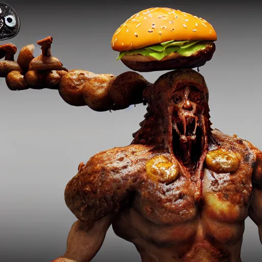 Prompt: a warrior fighting a giant cheeseburger demon that spits mustard. eldenring boss, zbrush, arnold render, unrealengine 5, dark souls, horror, extremely detailed