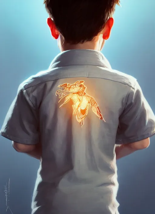 Image similar to perfectly - portrait of a boy wearing shirt from behind, backlighting, intricate, highly detailed, digital painting, artstation, concept art, smooth, sharp focus, illustration, unreal engine 5, 8 k, art by artgerm and greg rutkowski and alphonse mucha