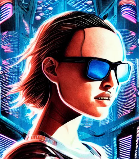 Prompt: hyper detailed comic illustration of a cyberpunk Natalie Portman wearing a futuristic sunglasses and a gorpcore jacket, markings on his face, by Android Jones intricate details, vibrant, solid background, low angle fish eye lens