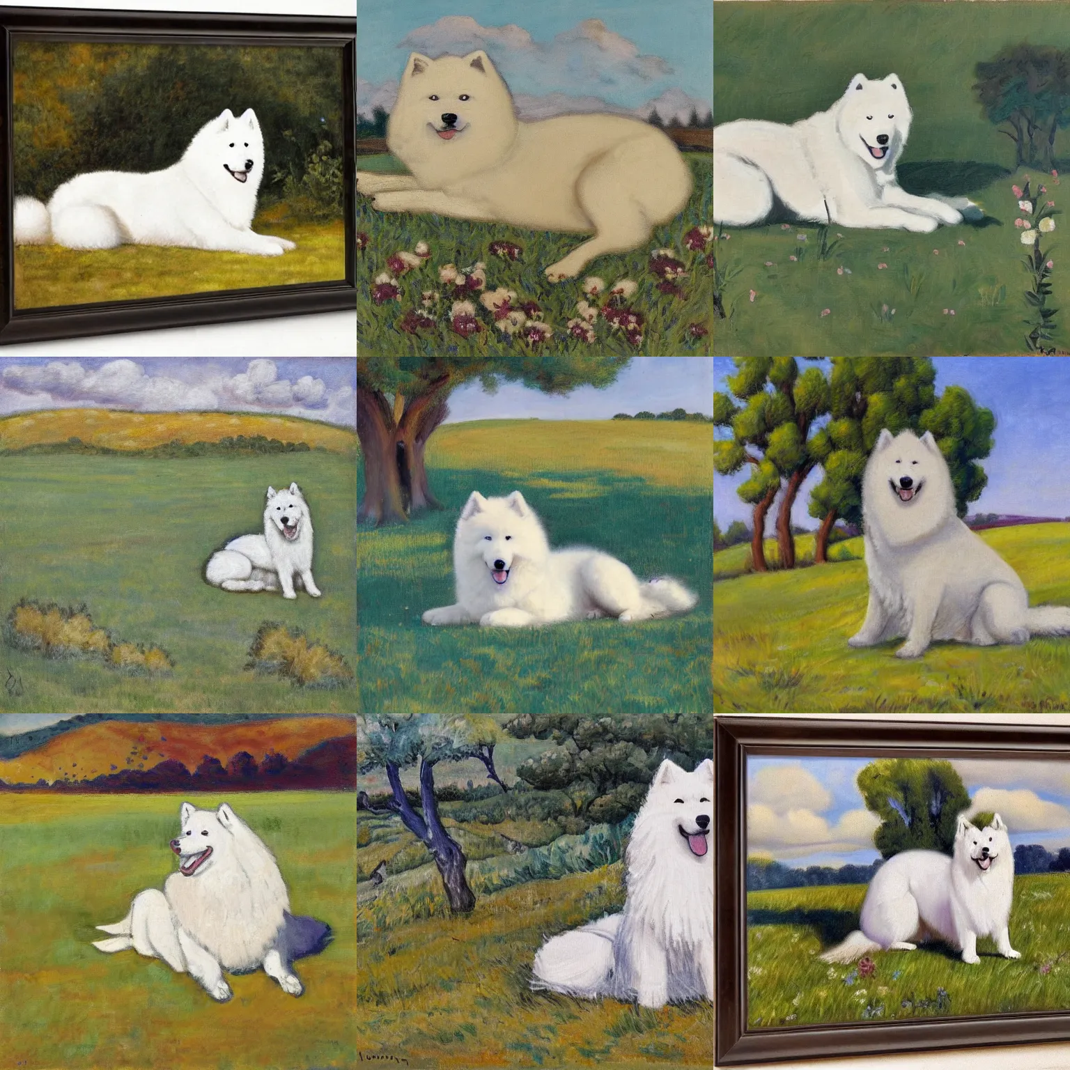 Prompt: a samoyed dog sitting in the middle of sunny meadow, by irma stern