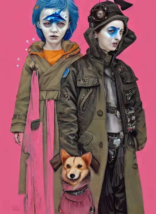 Prompt: beautiful portrait painting of a cute Icelandic lofi cyberpunk princess and her corgi assassin king, by Afarin Sajedi, Alessandro Barbucci, Alex Gross, Shin Jeongho, Shohei Otomo. trending on Artstation, 8k, masterpiece, face enhance, graffiti paint, fine detail, full of color, intricate detail, golden ratio illustration