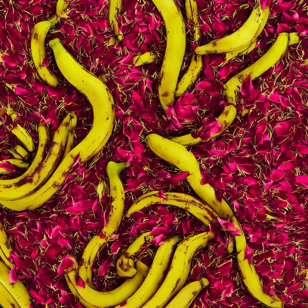 Image similar to high fashion haute couture spiked bananas, and form a complex fractal, cracked, vegetable foliage, with red petals and shiny stems, mesh roots, hyper real, food photography, high quality