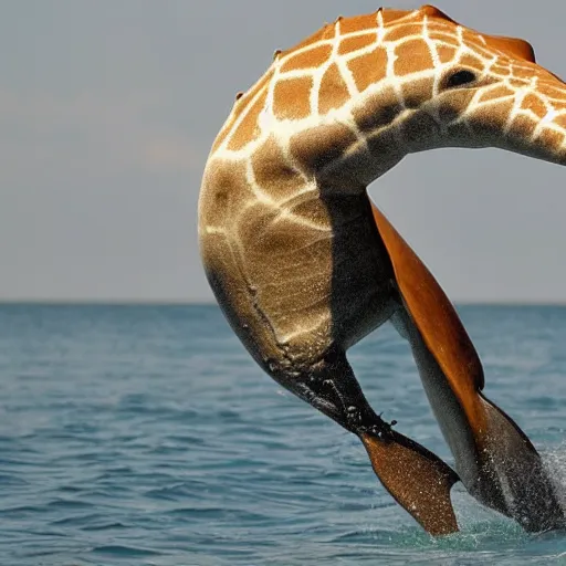 Image similar to a dolphin with crocodile legs and the head of a giraffe