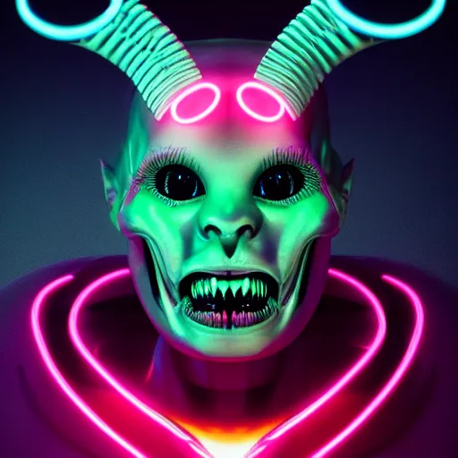 Image similar to synthwave demonic alien face with neon horns, detailed face, sharp focus, synthwave art, aesthetic, octane render, raw, cinematic