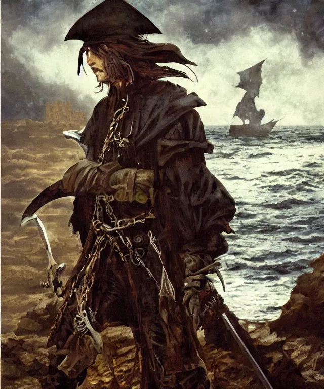 Image similar to ultra realistic color portrait painting of an ghostly 1 7 th century pirate with a sword in a grotto, dark, painted, brooding, atmospheric, seascape, lovecraft, horror, smooth, epic, highly detailed, cinematic, by angus mcbride