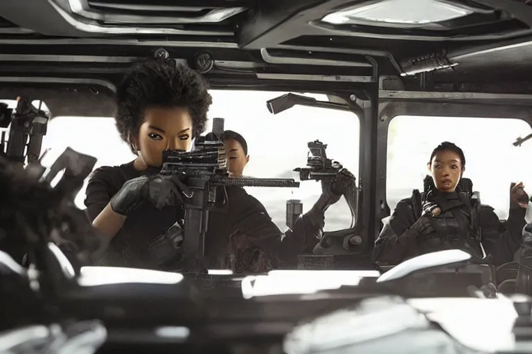 Image similar to movie diverse interracial team of Japanese sci-fi futuristic robbers armed with rifles interior clean futuristic tactical van, beautiful skin, Symmetrical faces. natural lighting by Emmanuel Lubezki