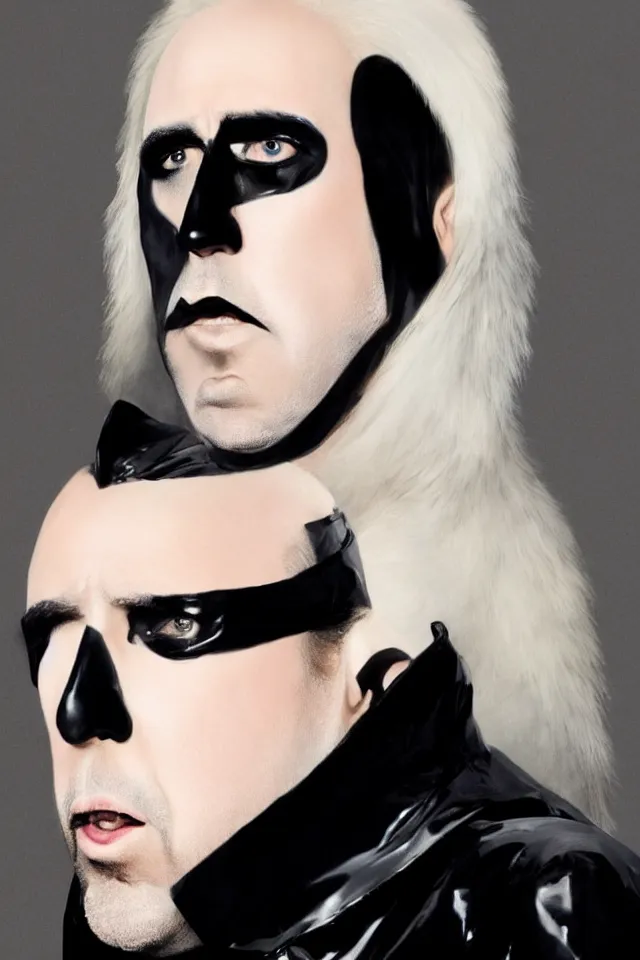 Prompt: a pale white hair Nicolas Cage in a black latex acronym cape, in the style of mike dringenberg and ashley wood