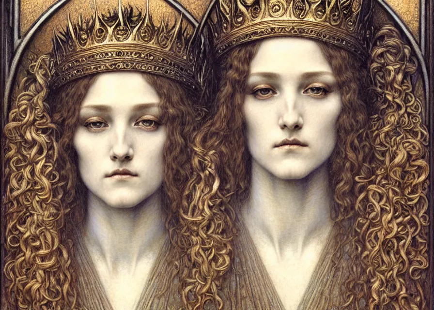 Image similar to detailed realistic beautiful young medieval queen face portrait by jean delville, gustave dore and marco mazzoni, art nouveau, symbolist, visionary, gothic, pre - raphaelite. horizontal symmetry