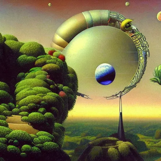 Image similar to a garden in orbit around saturn, 8 k, lowbrow, in the style of martin johnson heade, roger dean and h. r. giger,