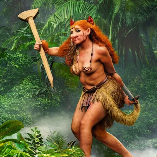 Image similar to a ginger dwaven women wielding a hammer and shield emerges from a hostile jungle. Before her lays an awesome floating mountain in the shape of a human heart. 4k realism