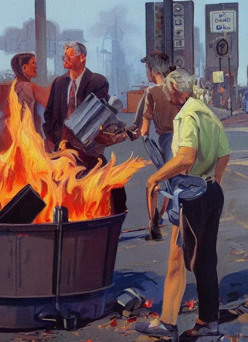 Prompt: people staring into a burning trashcan, an ultrafine detailed painting by john philip falter, austin briggs, cg society, american scene painting, dystopian art, american realism, academic art