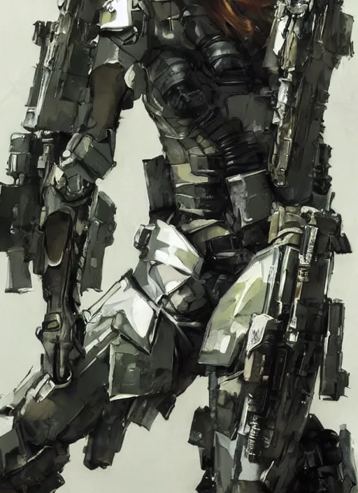 Image similar to fashion model emma watson wearing metal gear armor holding rifle dramatic lighting art by Yoji Shinkawa by Richard Schmid by Sandra Chevrier cinematic dramatic