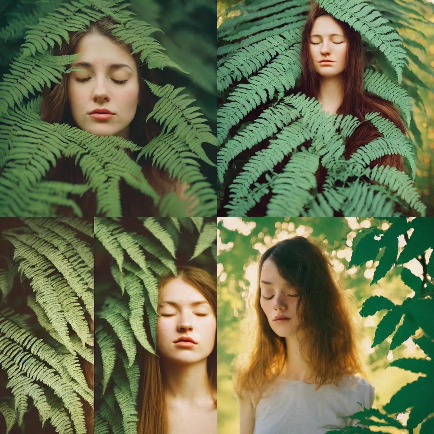 Prompt: An analog head and shoulder frontal face portrait photography of a woman behind multiple big fern leaves by Oleg Oprisco. Long hair. eyes closed. Kodak Portra 800 film. Depth of field. whirl bokeh. Sunshine. Golden hour. detailed. hq. realistic. warm light. muted colors. Moody. Filmic. Dreamy. lens flare. Leica M9, f/1.2, symmetrical balance, in-frame