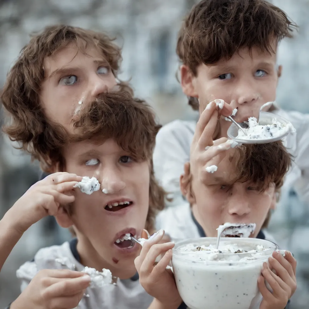 Prompt: boy eating greek yoghurt photo, national geographic, award winning photo, hyper detailed, 4 k