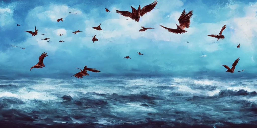 Prompt: painterly concept art landscape with birds flying above the ocean