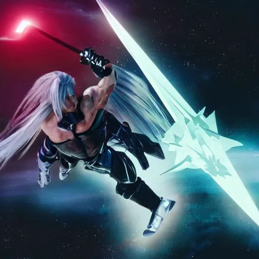 Image similar to Photograph. Film still. Sephiroth body slamming Megatron. In outer space. Cinematic. Incredible lighting. Beautiful. Stunning. Extremely detailed. 4K.