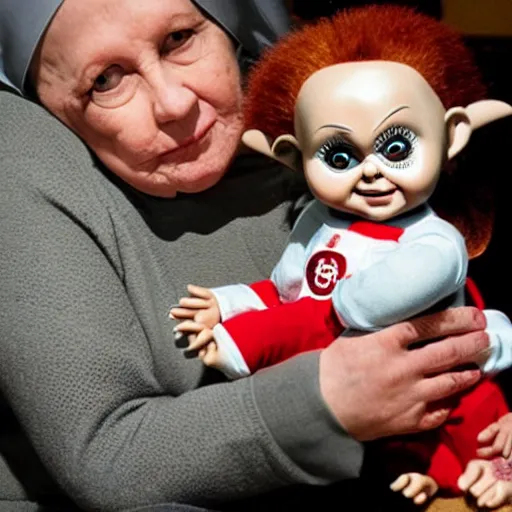 Image similar to a nun in church holding chucky the killer doll on her lap