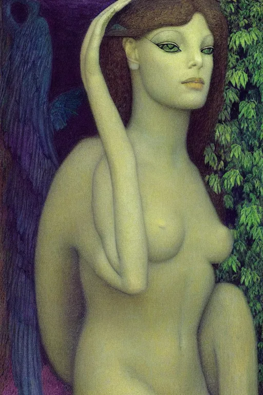 Prompt: a detailed painting of a beautiful mythical sphinx, beautiful woman face, mythical creature, lush garden, during night, magical mood, muted tones, symbolist painting, by fernand khnopff, jean delville, james jean, exquisite details, dark mood,