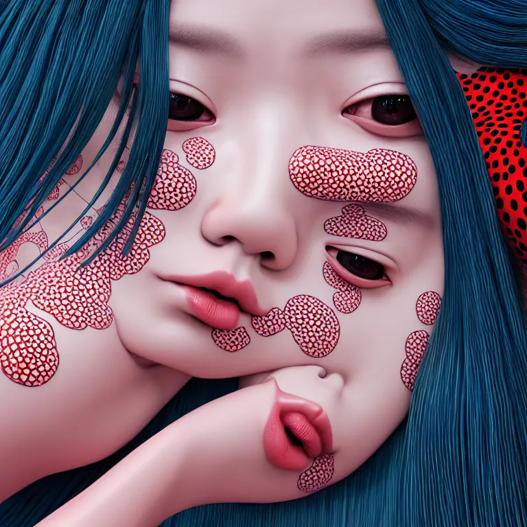 Image similar to hyperrealistic detailed image of a geisha laying in a art installation room, hd smooth interior by yayoi kusama, part by kei mieno, part by ross tran, dark art by james jean, ultra realistic, highly detailed, life like face, detailed body, 8 k, 3 d render by roger magrini, very cohesive, masterpiece