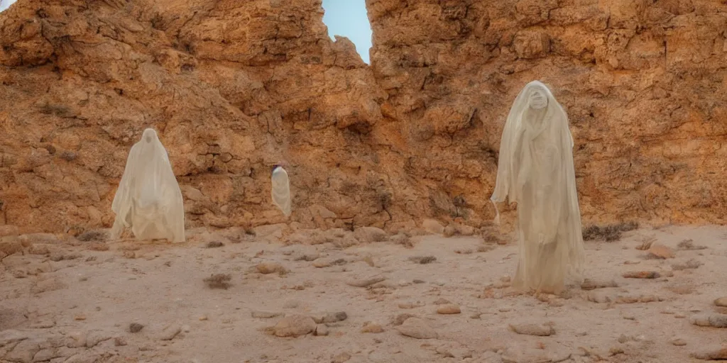 Image similar to levitating ghost veiled silhouette with full - face golden bright reflective mask in a dry rocky desert landscape, visible sky and sunny atmosphere, floating rocks, flying rocks and fata morgana and giant mirrors by alejandro jodorowsky, anamorphic lens, kodakchrome, practical effects, masterpiece, 8 k