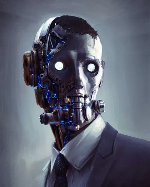 Image similar to a rugged young engineer man with cybernetic enhancements wearing a suit and bowtie, detailed mask, scifi character portrait by greg rutkowski, esuthio, craig mullins, 1 / 4 headshot, cinematic lighting, dystopian scifi gear, gloomy, profile picture, mechanical, half robot, implants, steampunk