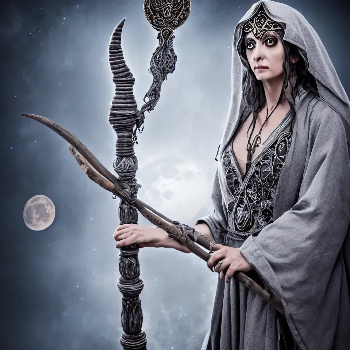 Prompt: professional photograph of a real - life beautiful elemental moon witch with ornate grey robes and staff. extremely detailed. 8 k