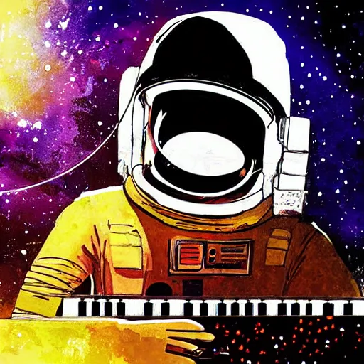 Image similar to an astronaut with headphone playing keyboard in the space, digital painting, digital art, bill sienkiewicz