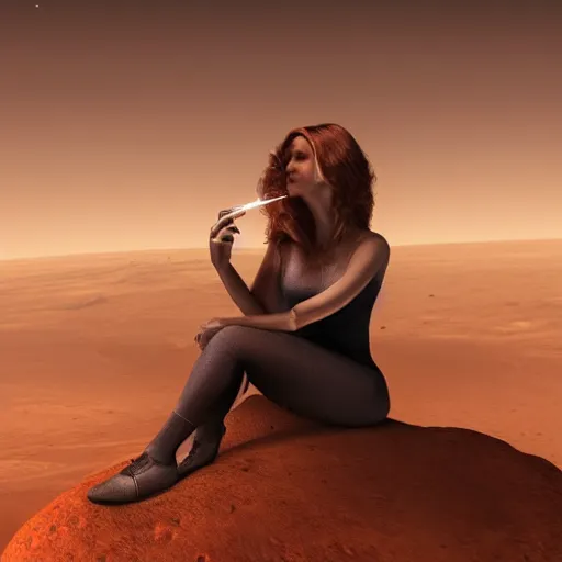 Prompt: High-detail still of a woman with gorgeously flowing hair on Mars, sitting on a Martian rock, smoking a cigarette, reddish atmosphere with detailed highlights, dark gloomy sky cascading upon the atmosphere, well-detailed ornate Martian mountains in the background, trending on artstation, 4k, 8k
