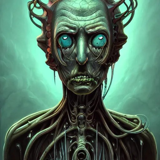 Image similar to a portrait of a beautiful biomechanical Rick and Morty, horror concept art by giger and beksinski and szukalski and wlop and pete mohrbacher, digital art, highly detailed, intricate, sci-fi, sharp focus, Trending on Artstation HQ, deviantart, unreal engine 5, 4K UHD image