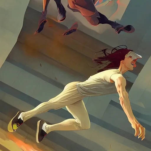 Image similar to cinematic painting of qwop!!!!!!!!!!!!!!!!! running down the track, art by krenz cushart and artem demura and alphonse mucha, kinetic, motion, athletic, running