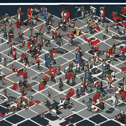 Image similar to Where's Waldo, on a futuristic robot battlefield