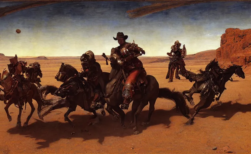 Image similar to a cowboy shootout on mars by edgar maxence and caravaggio and michael whelan and delacroix style, artistic, intricate painting, cinematic lighting, hyper realistic, extremely detailed, establishing shot, 8 k resolution, dramatic lighting