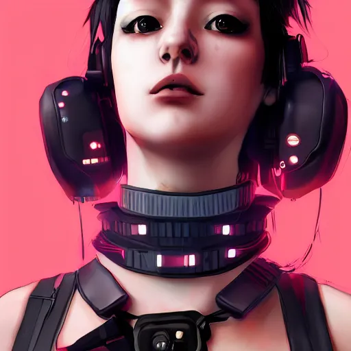 Image similar to female character cyberpunk wearing technological collar around neck, realistic, art, beautiful, 4K, collar, choker, collar around neck, punk, artstation, detailed, female, woman, choker, dark,