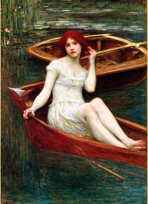 Prompt: lady of shallot as ophelia in a boat by john william waterhouse, rosetti, monet, william holman hunt, 8 k