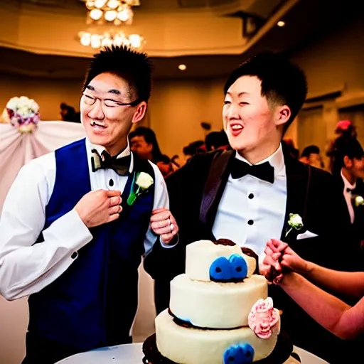 Image similar to cookie monster marries justin sun, professional gay wedding photography