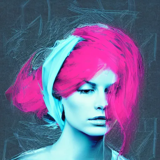 Image similar to a digital art of a beautiful woman. moody and melanchonic. with a little bit of cyan and pink