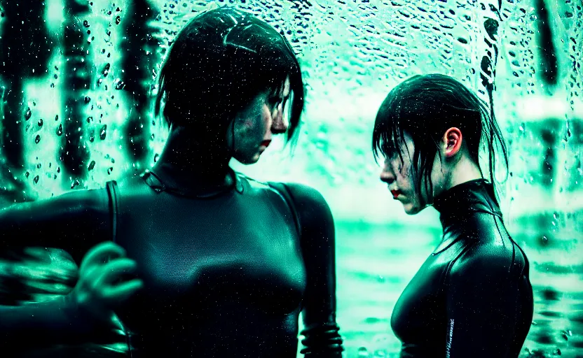 Image similar to cinestill 5 0 d candid action photographic portrait by stanley kubrick of two loving female androids wearing rugged black mesh techwear in treacherous waters, extreme closeup, modern cyberpunk retrofuturism moody emotional cinematic, pouring iridescent rain, 8 k, hd, high resolution, 3 5 mm, f / 3 2, motion blur, ultra realistic faces, ex machina