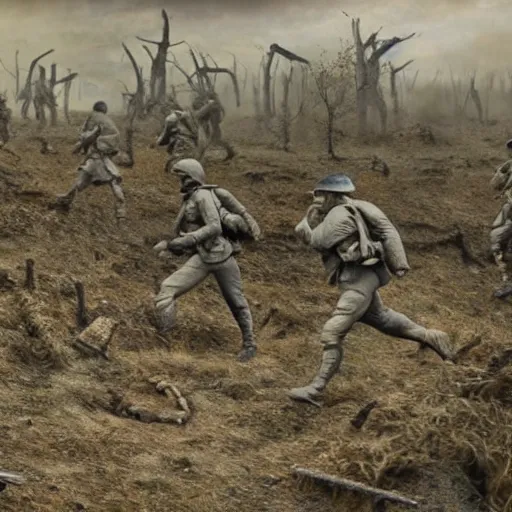 Image similar to highly detailed ultra realistic world war 1 soldiers running through destroyed landscape, HR Giger, muted colors. 4k