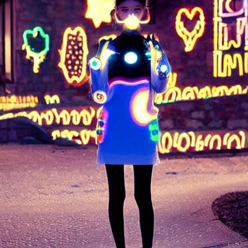 Image similar to very symmetrical fruits magazine steetwear photo of cute cool fashion worn by teens teens in the far future with glowing led lights, futuristic!!! haute couture fashion!!!!, nanotechnology cybernetics!!! solar power prosthetic, illustration style of ai yazawa