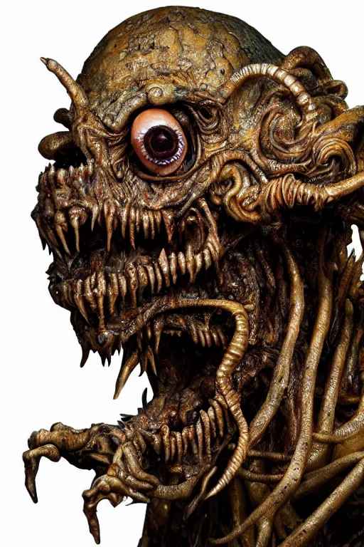 Prompt: photo taken of an epic intricate, ultra detailed, super realistic gritty, lifelike sculpture of a nightmarish hellish alien ghoulish creature created by weta workshop, zoomed in shots, photorealistic, sharp focus, white wall coloured workshop, cold colour temperture, f 0. 4, face centred, golden ratio, golden hour