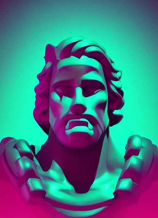 Image similar to bust of hercules, beeple, james gilleard, vaporwave, retrowave, black background, neon wiring, black, glitch, strong contrast, cuts, pinterest, trending on artstation