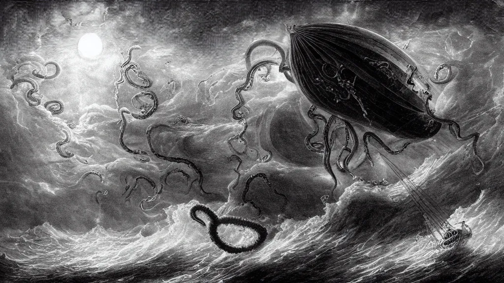 Image similar to drawing of a giant octopus attacking a space ship above a stormy ocean, by gustave dore, nineteenth century, black and white, vintage, science fiction, epic composition, dramatic lighting, highly detailed