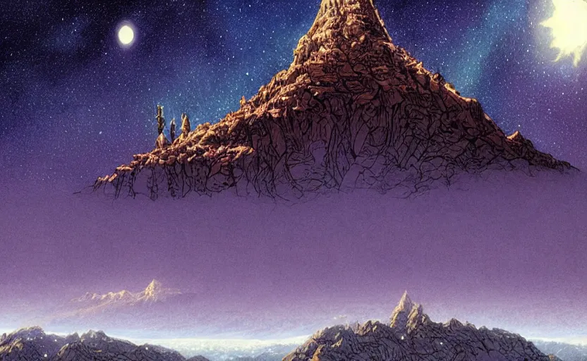 Prompt: mountains, stars and paisley filled sky, artstation, intricate, highly detailed, digital painting, concept art, sharp focus, illustration by Michael Whelan and Enki Bilal