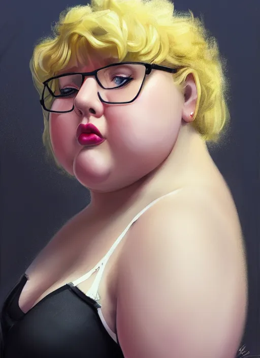 Image similar to full body portrait, teenage betty cooper, blonde hair, obese, bangs, ponytail, sultry, realistic, sultry smirk, fluffy bangs, curly bangs, fat, belly, beautiful girl, intricate, elegant, highly detailed, digital painting, artstation, concept art, smooth, sharp focus, illustration, art by wlop, mars ravelo and greg rutkowski