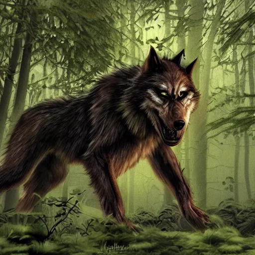 Prompt: werewolf in forest, photorealistic